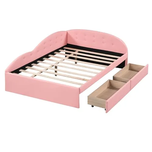 Full Size Daybed with Storage Drawers, Faux Leather Upholstered Day Bed Frame, Bottom Tufted Sofa Bed with Cloud Shaped Rails for Bedroom Living Room Guest Room, Pink