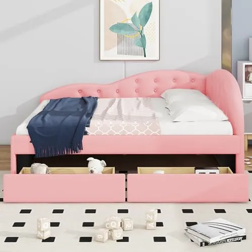 Full Size Daybed with Storage Drawers, Faux Leather Upholstered Day Bed Frame, Bottom Tufted Sofa Bed with Cloud Shaped Rails for Bedroom Living Room Guest Room, Pink