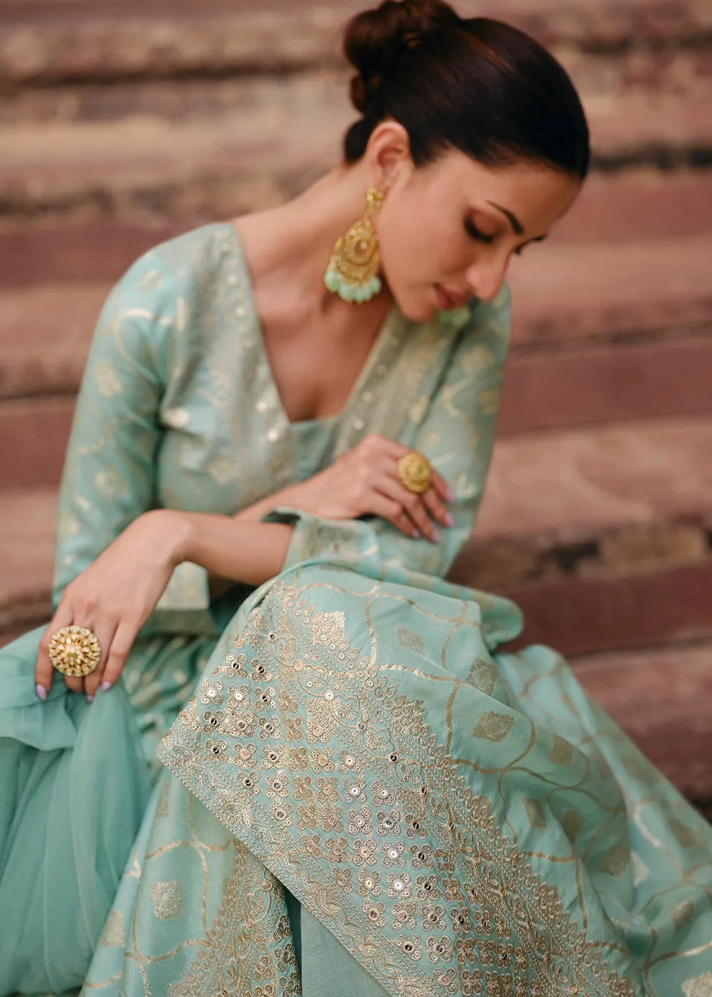 Green Pure Viscose Jacquard Silk Embroidered Designer Anarkali Suit