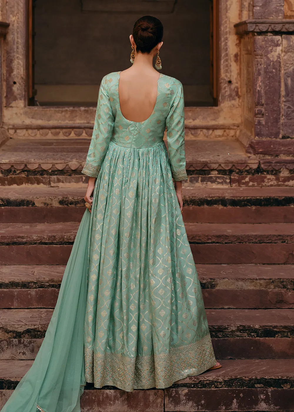 Green Pure Viscose Jacquard Silk Embroidered Designer Anarkali Suit