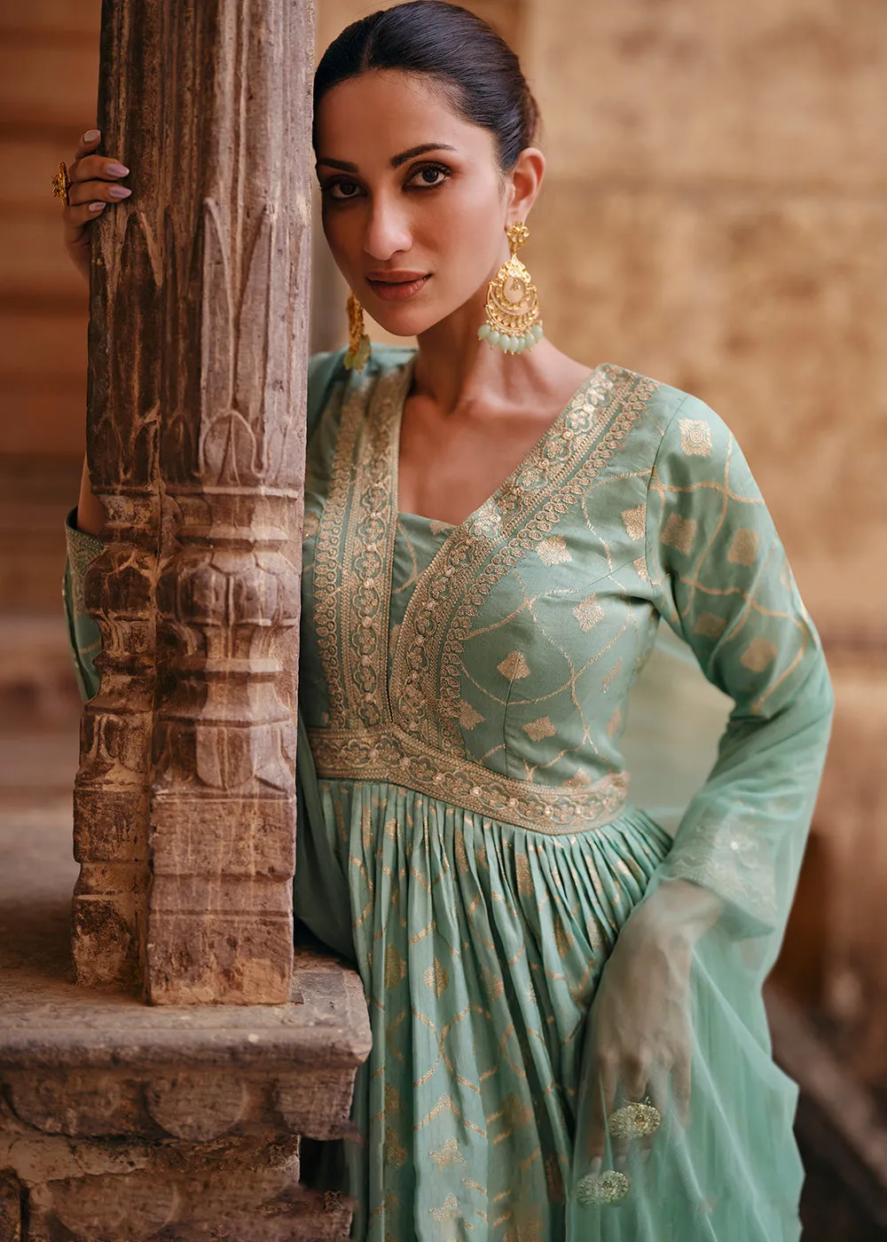 Green Pure Viscose Jacquard Silk Embroidered Designer Anarkali Suit