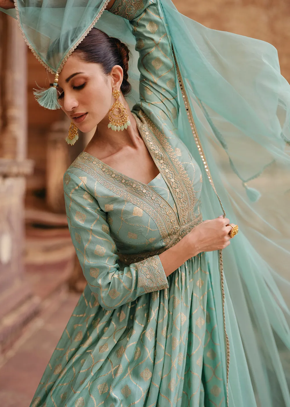 Green Pure Viscose Jacquard Silk Embroidered Designer Anarkali Suit