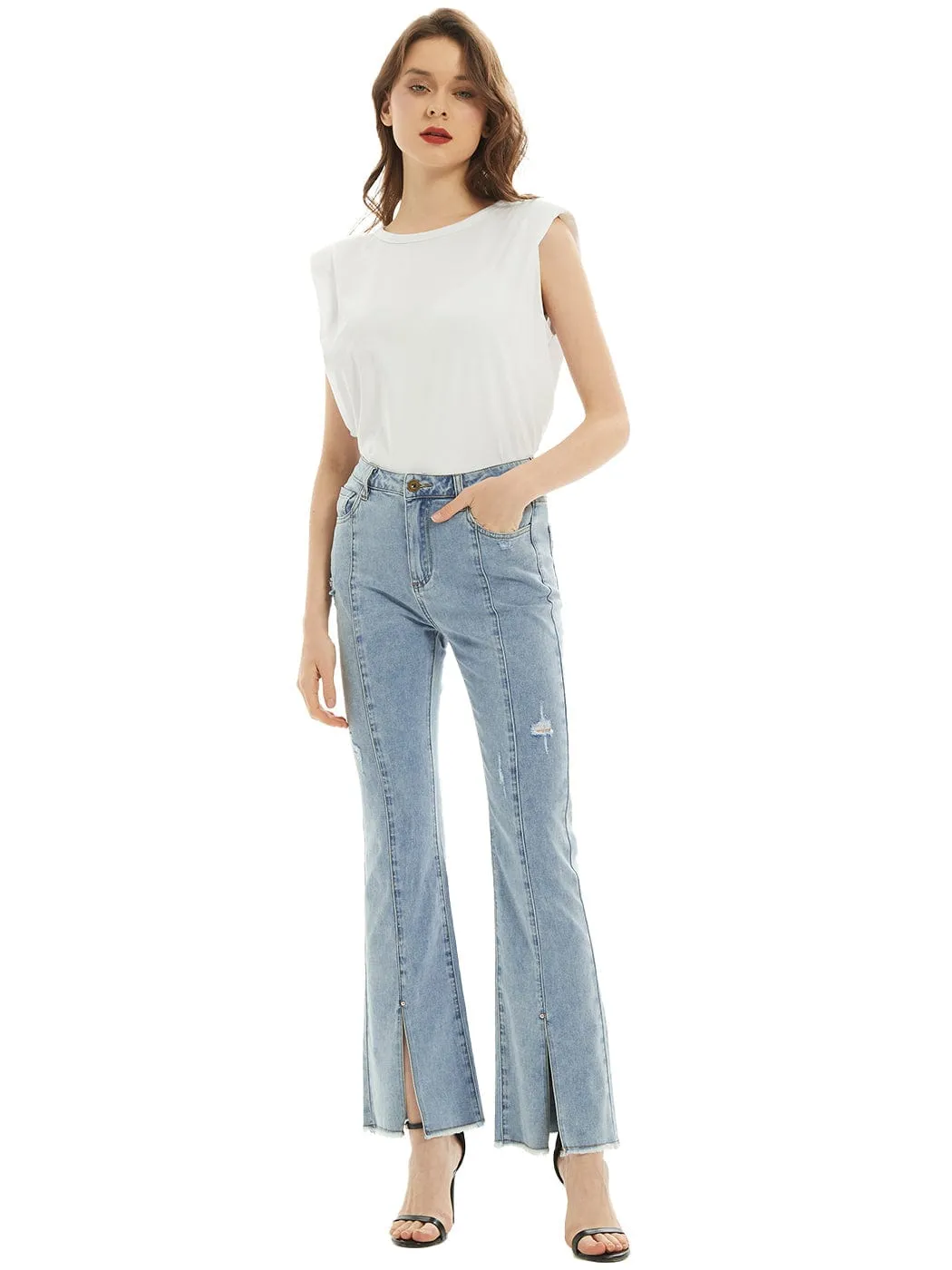 High Waist Distressed Slit Denim Jeans Long Pants with Pockets