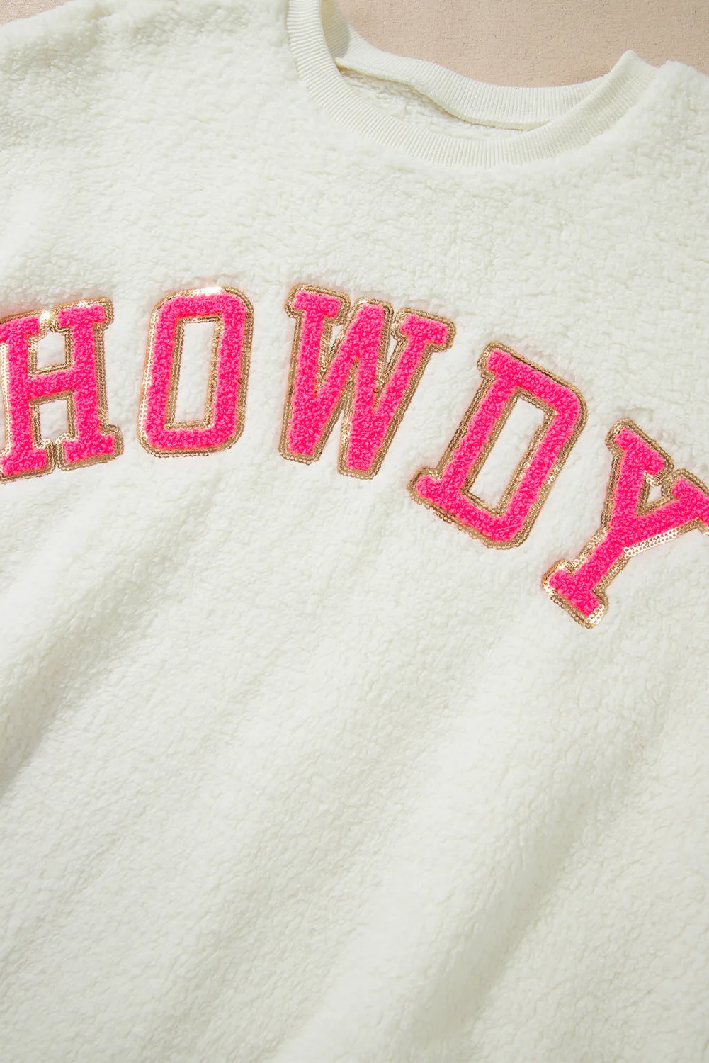 HOWDY Patched Round Neck Sherpa Sweatshirt