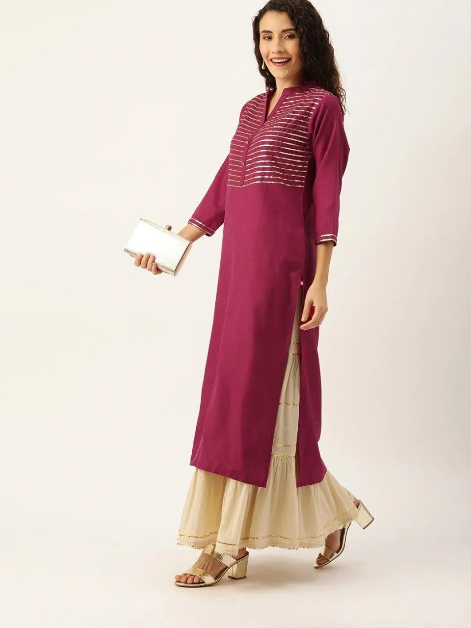 Magenta & Gold-Toned Yoke Design Straight Kurta