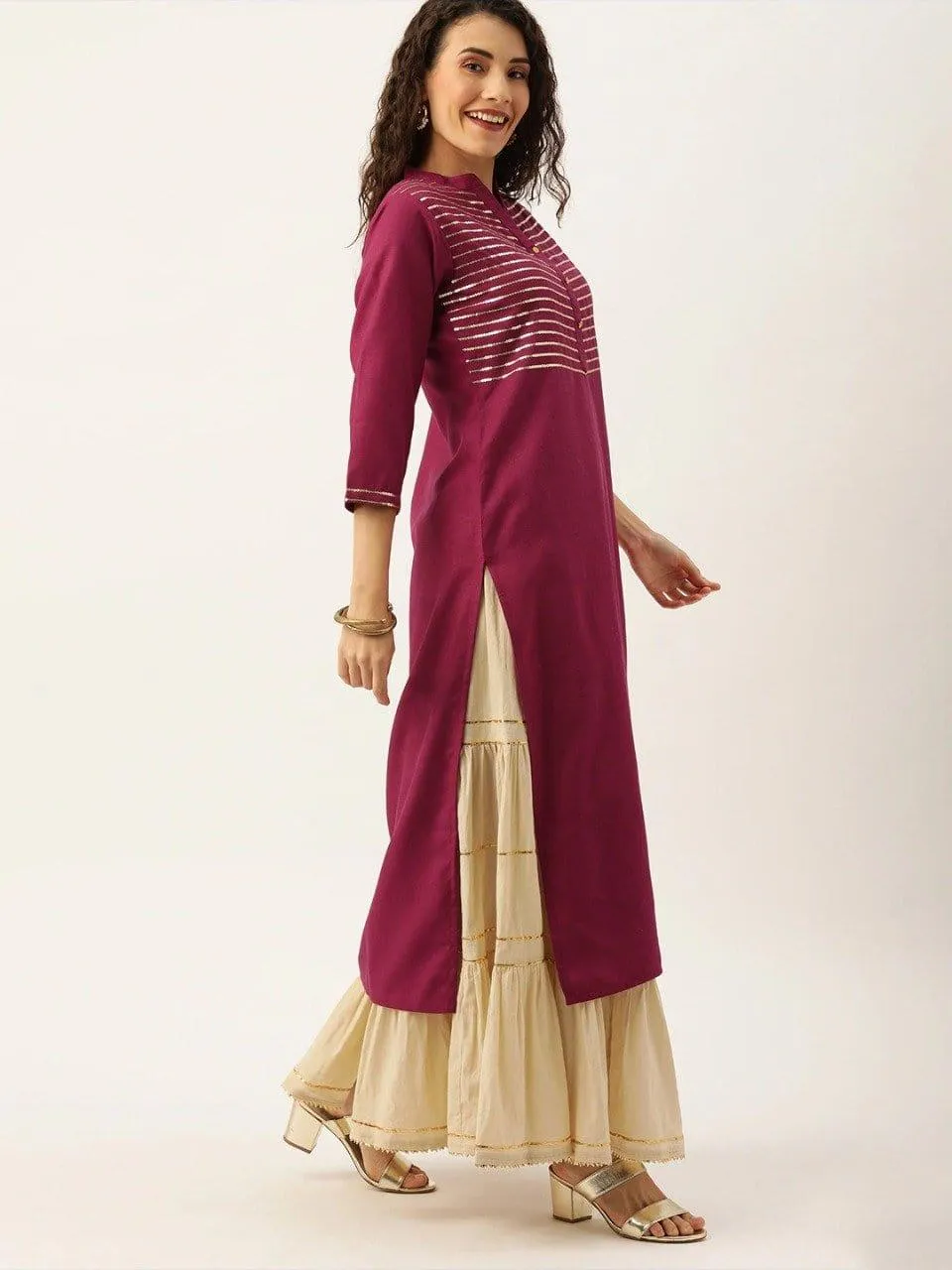 Magenta & Gold-Toned Yoke Design Straight Kurta