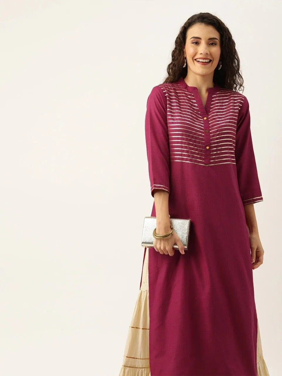 Magenta & Gold-Toned Yoke Design Straight Kurta