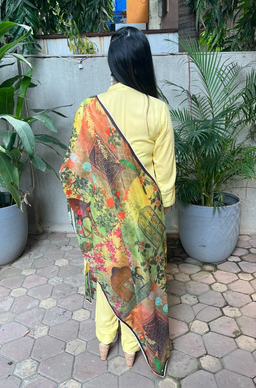 MALANG- Yellow Three Piece Suit Set With Printed Dupatta