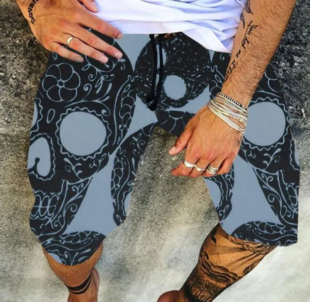 Men's Skull Printed Casual Shorts Fashionable Hawaiian Resort Beach Shorts 23728500L