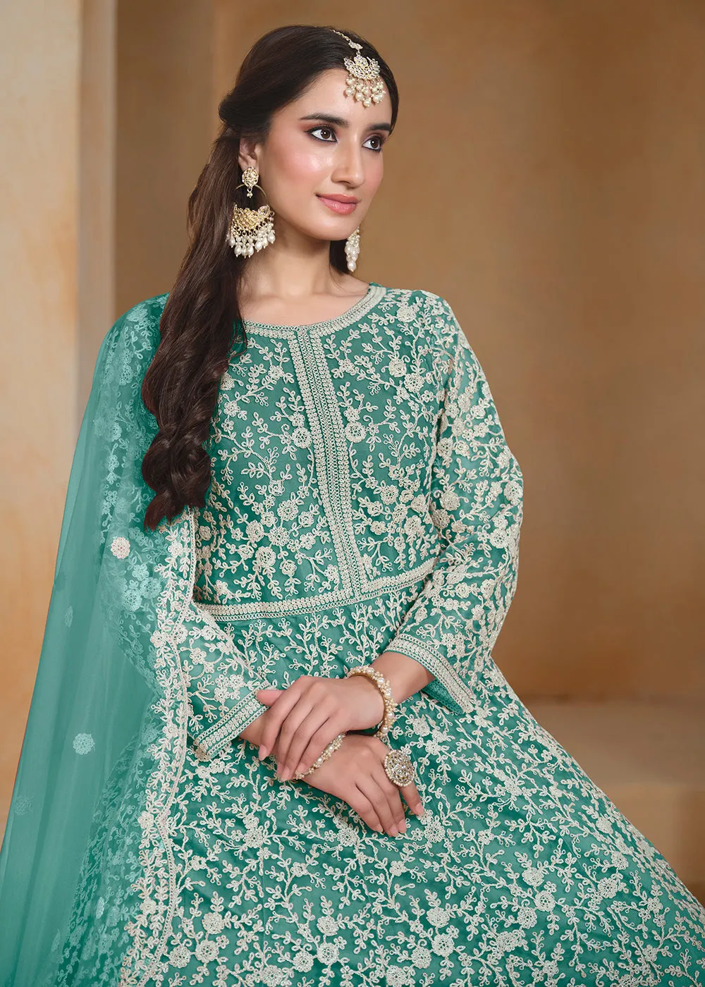 Net Teal Green Embroidered Festive Style Anarkali Suit