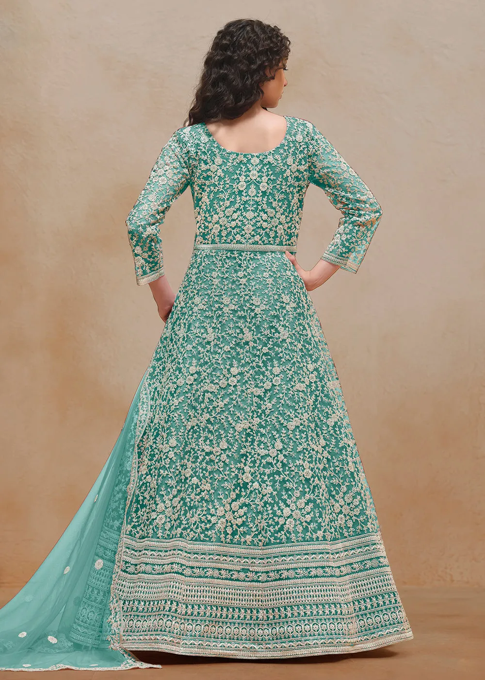 Net Teal Green Embroidered Festive Style Anarkali Suit