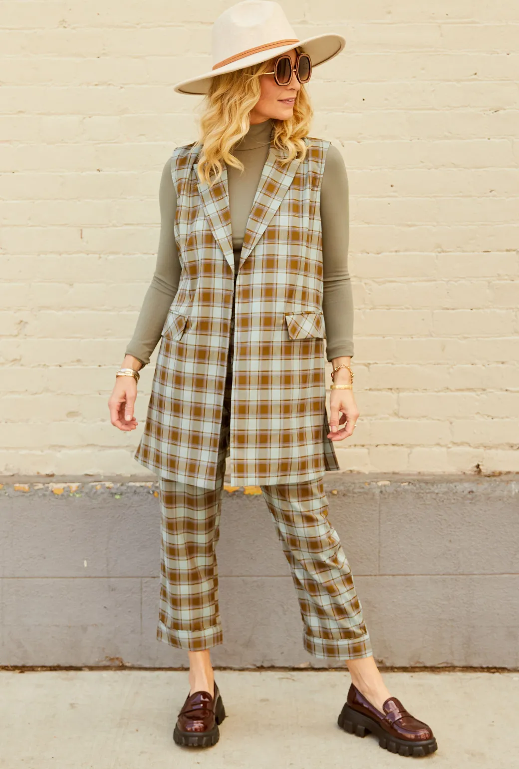 Open Front Vest - Sage Plaid