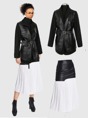 Outfit Sets PU leather & wool blend coat paired with a trendy leather and pleated skirt