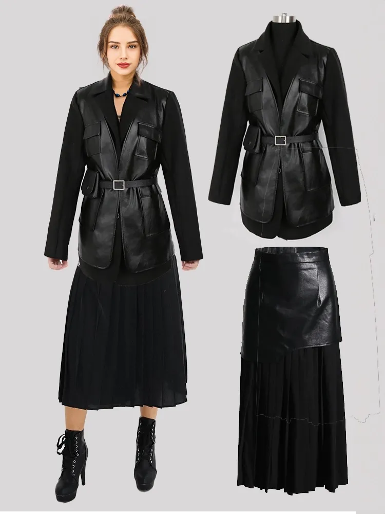 Outfit Sets PU leather & wool blend coat paired with a trendy leather and pleated skirt