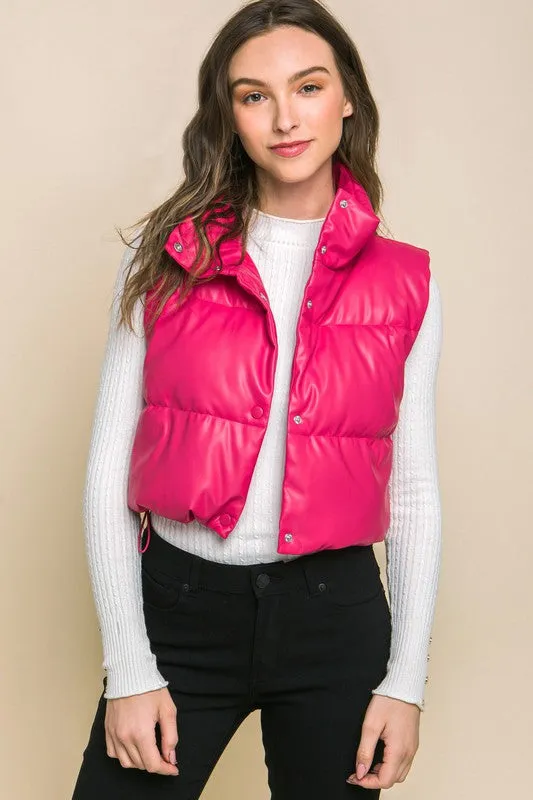 PU Faux Leather Puffer Vest With Snap Button