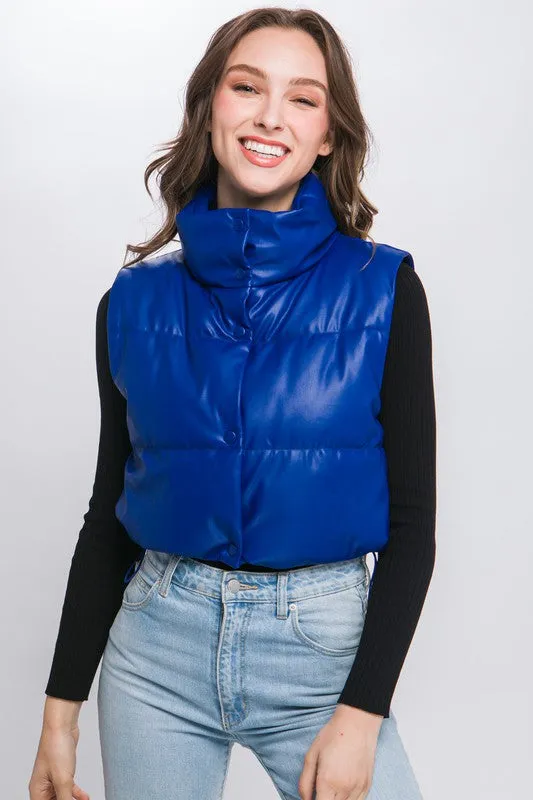 PU Faux Leather Puffer Vest With Snap Button