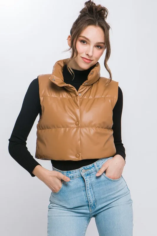 PU Faux Leather Puffer Vest With Snap Button