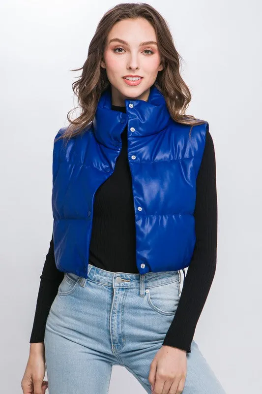 PU Faux Leather Puffer Vest With Snap Button