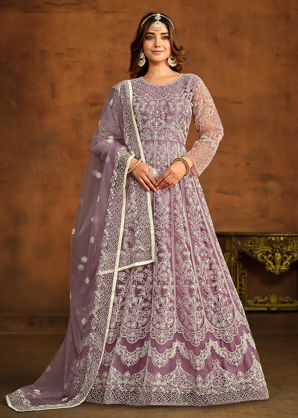 Purple All Over Embroidered Net Wedding Anarkali Suit