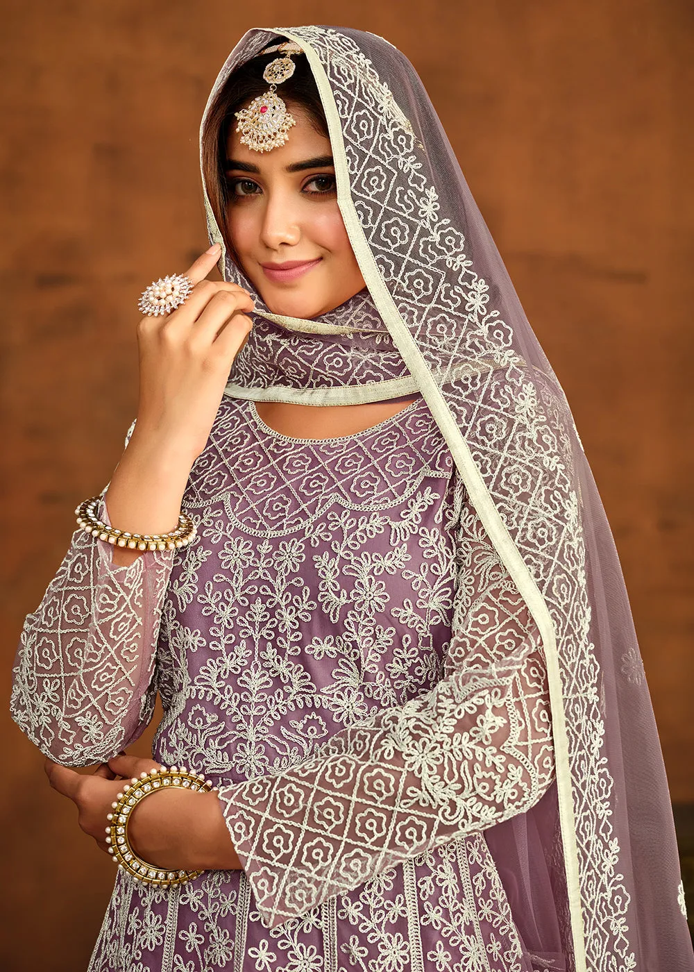 Purple All Over Embroidered Net Wedding Anarkali Suit