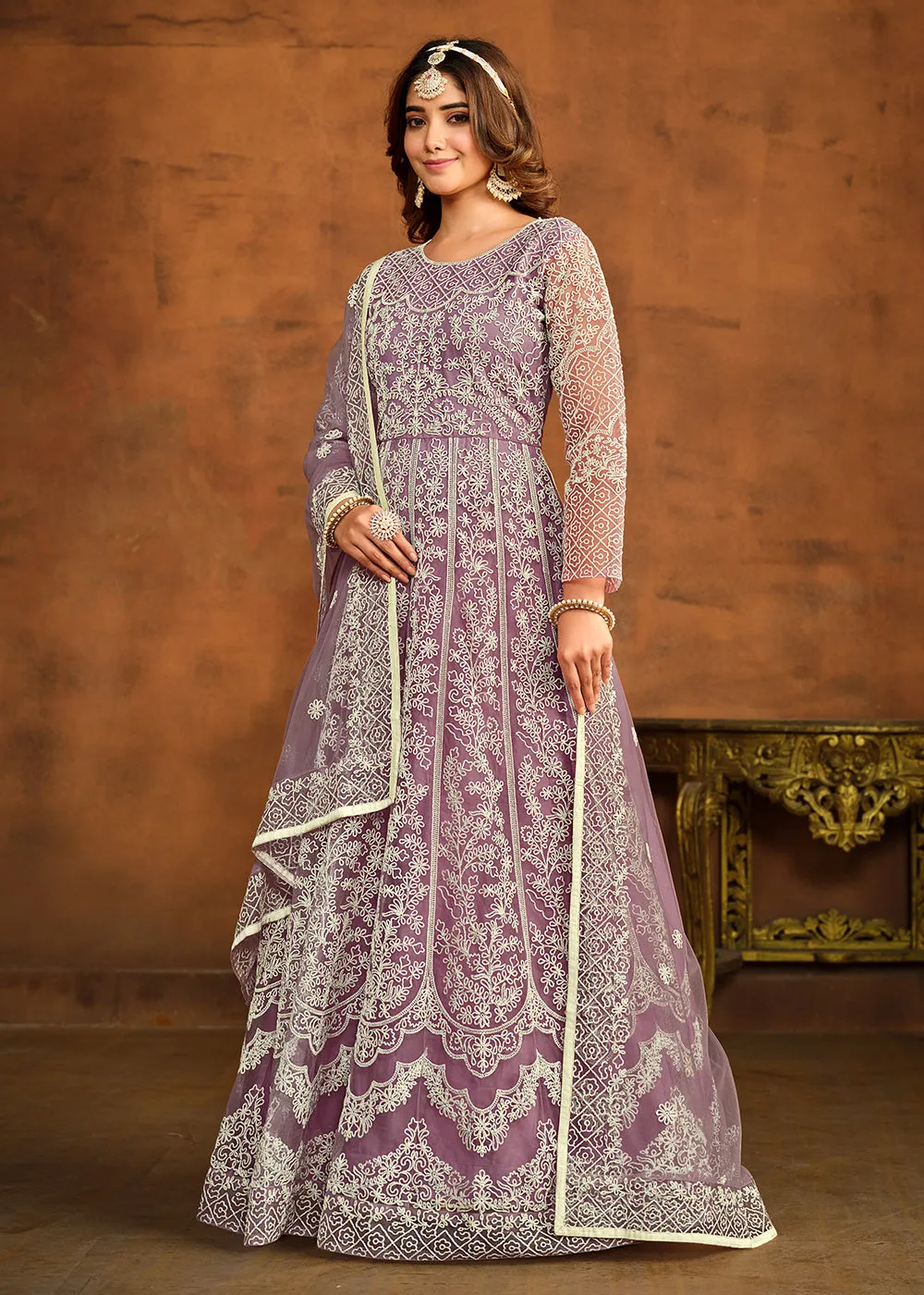 Purple All Over Embroidered Net Wedding Anarkali Suit