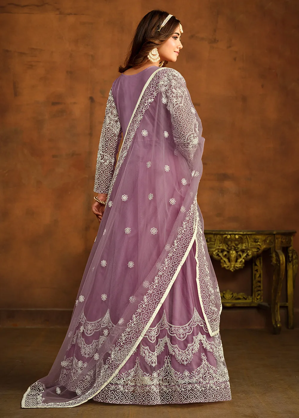 Purple All Over Embroidered Net Wedding Anarkali Suit