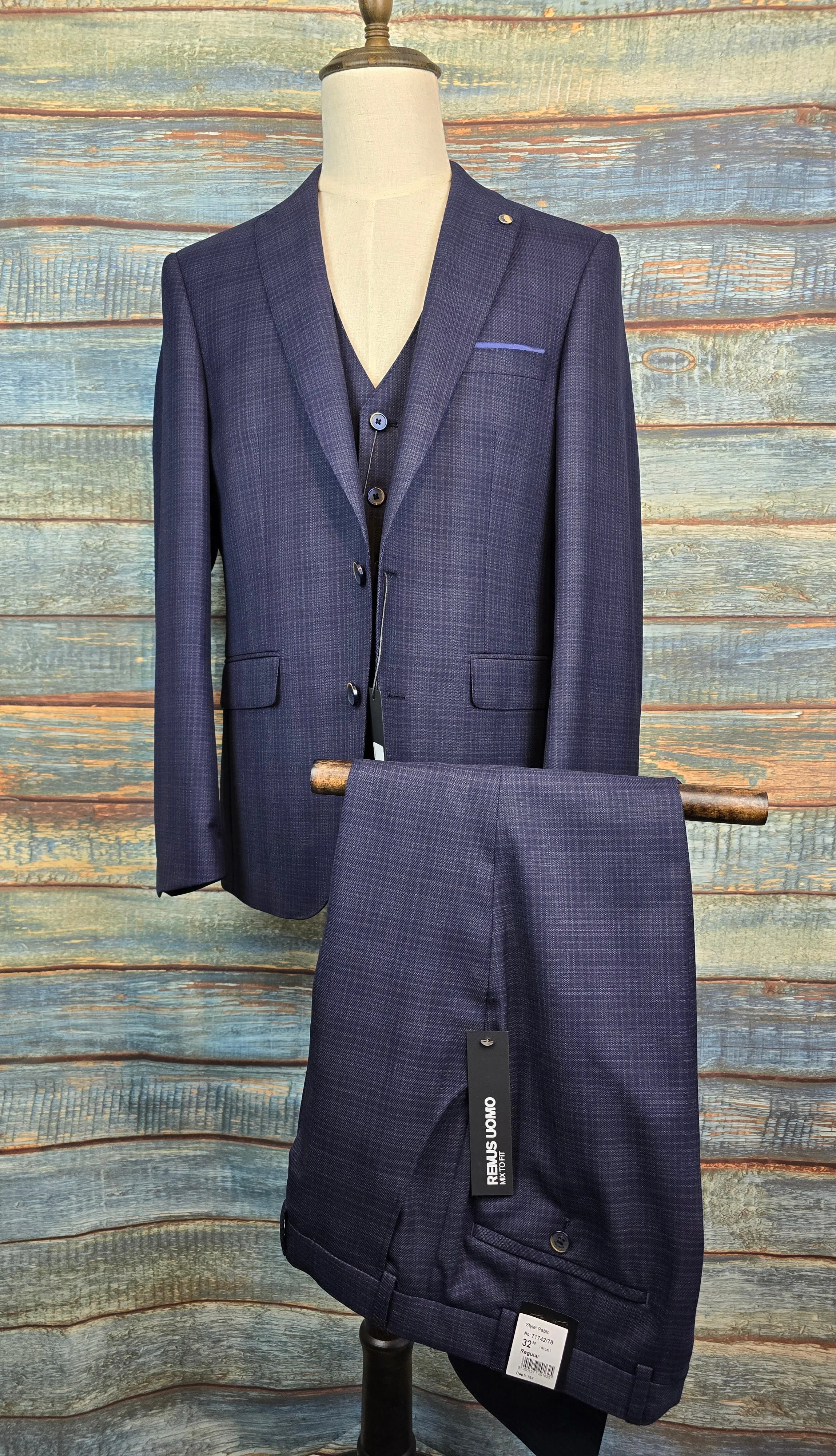 Remus Uomo Navy Check Tapered Fit 3 piece suit