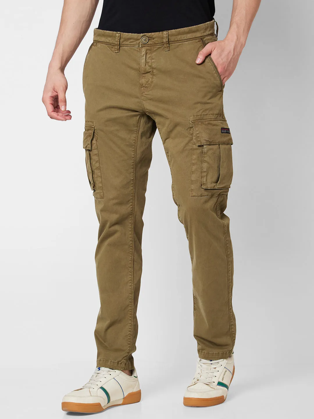 Spykar Mid Rise CARGO Green Trousers For Men