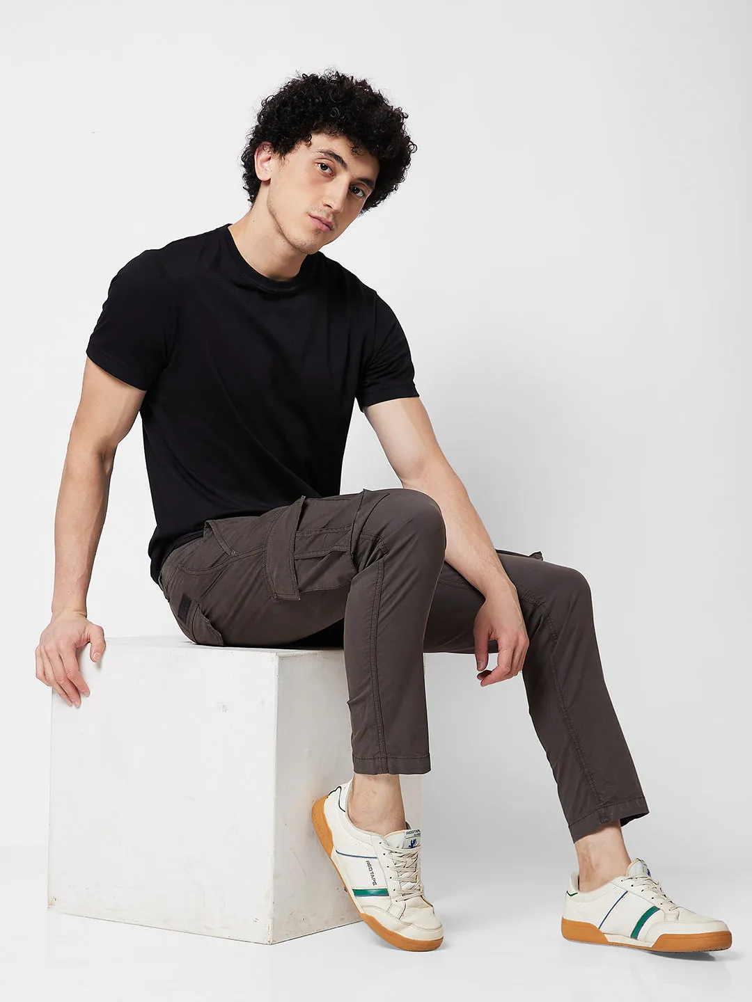 Spykar Mid Rise CARGO Grey Trousers For Men