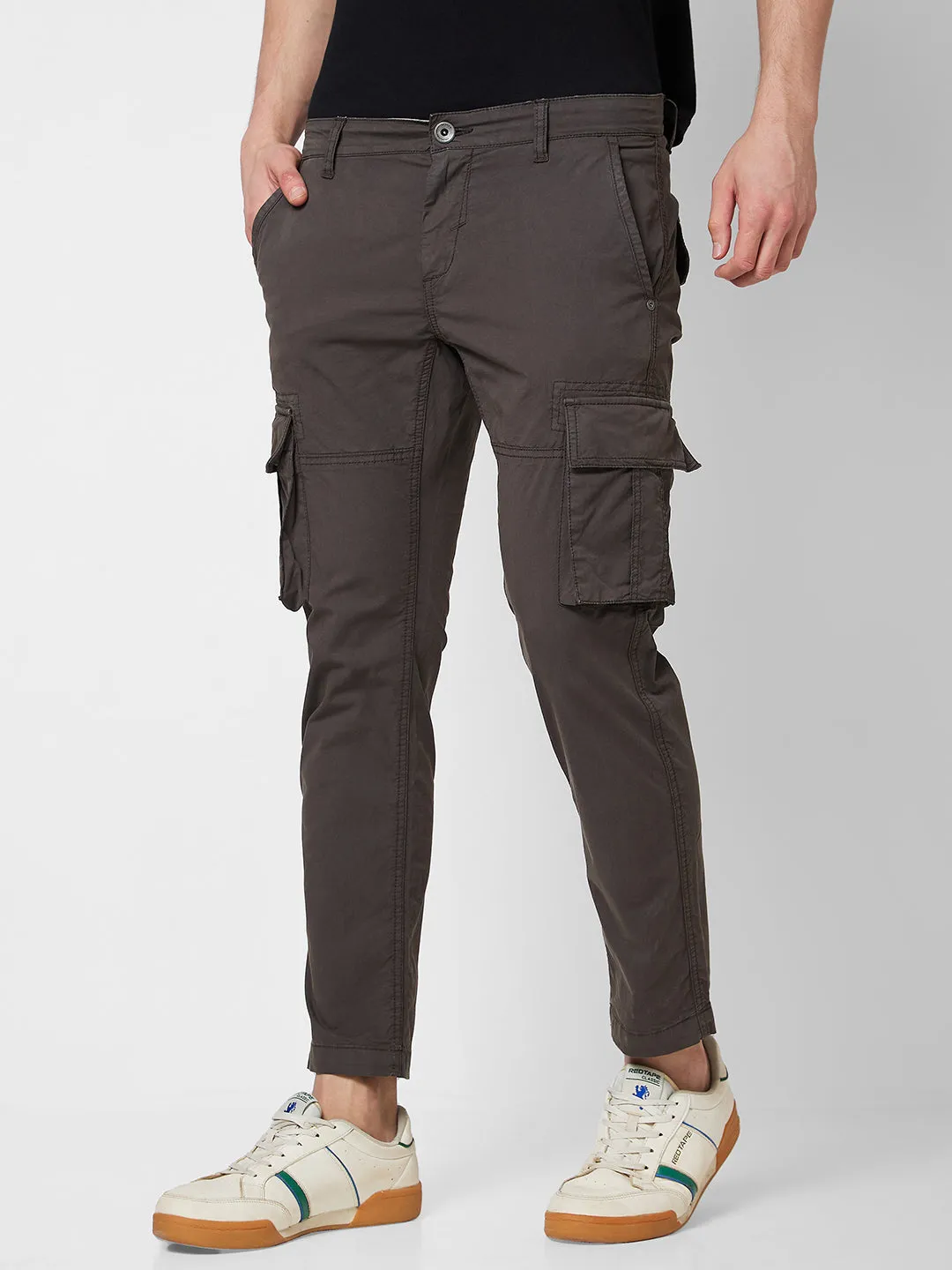 Spykar Mid Rise CARGO Grey Trousers For Men