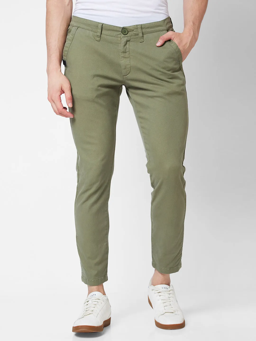 Spykar Mid Rise KANO Green Trousers For Men