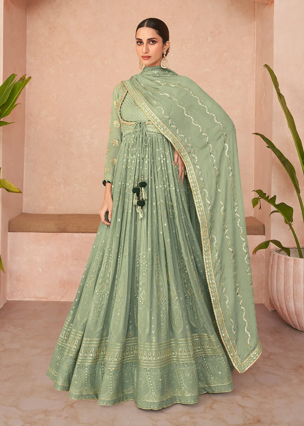 Superb Green Embroidered Real Georgette Wedding Anarkali Suit