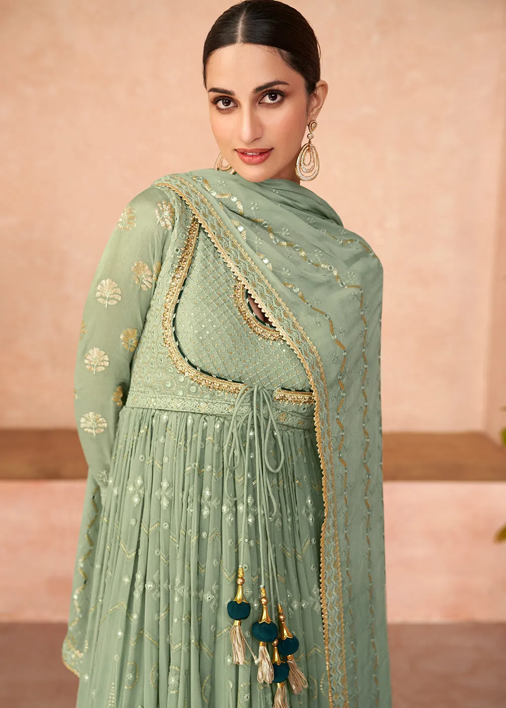 Superb Green Embroidered Real Georgette Wedding Anarkali Suit