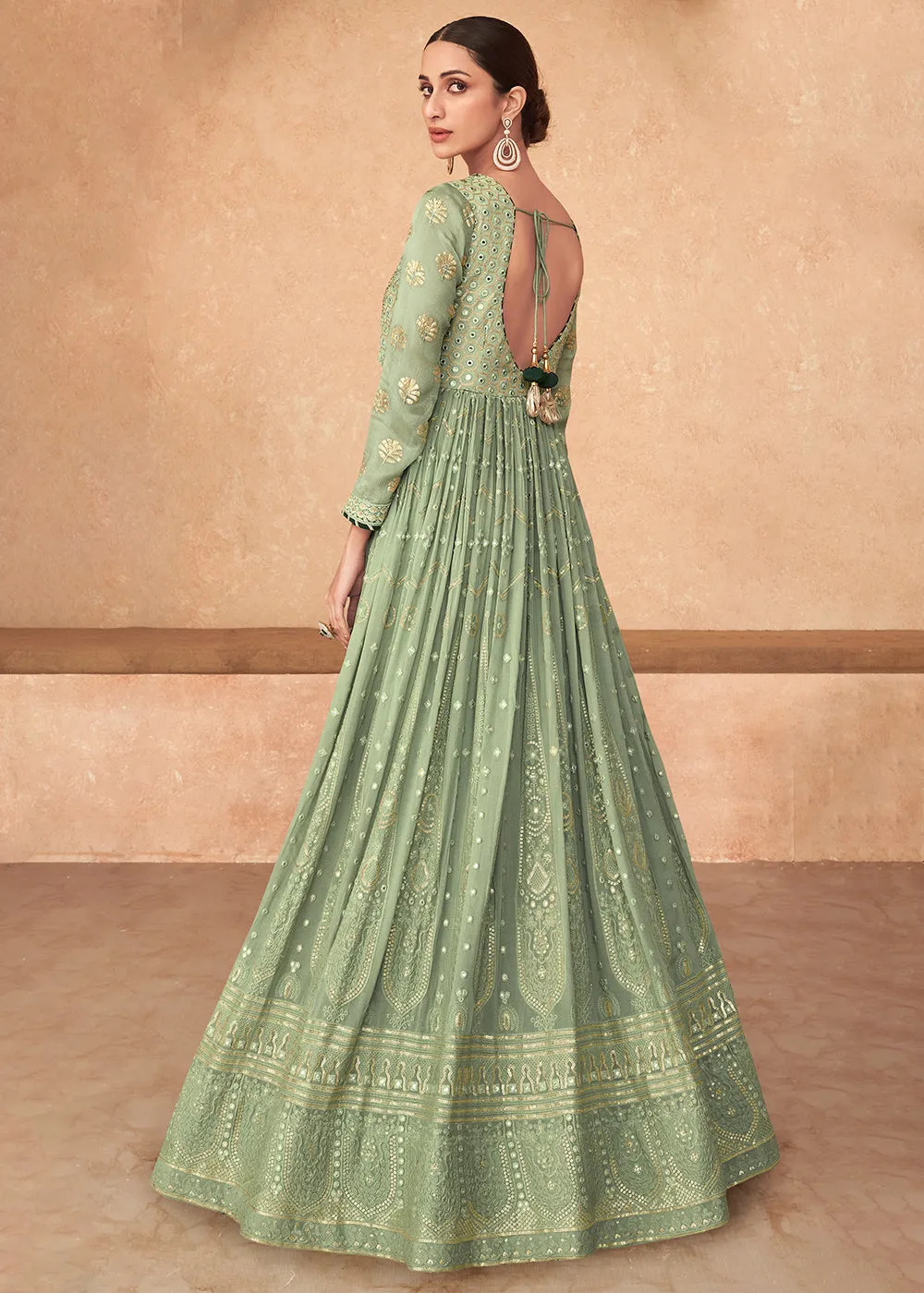 Superb Green Embroidered Real Georgette Wedding Anarkali Suit