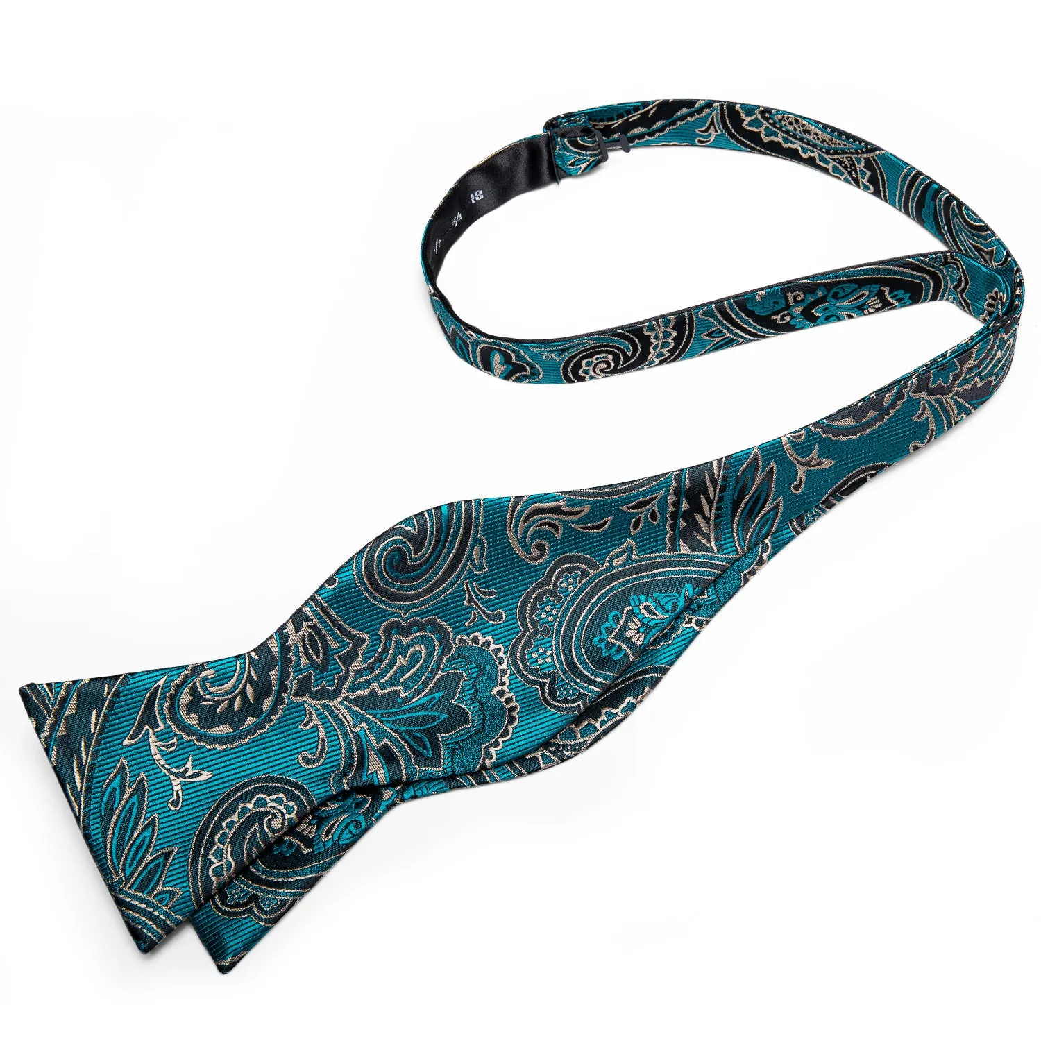 Teal Blue Paisley Silk Self-Bowtie Pocket Sqaure Cufflinks Set