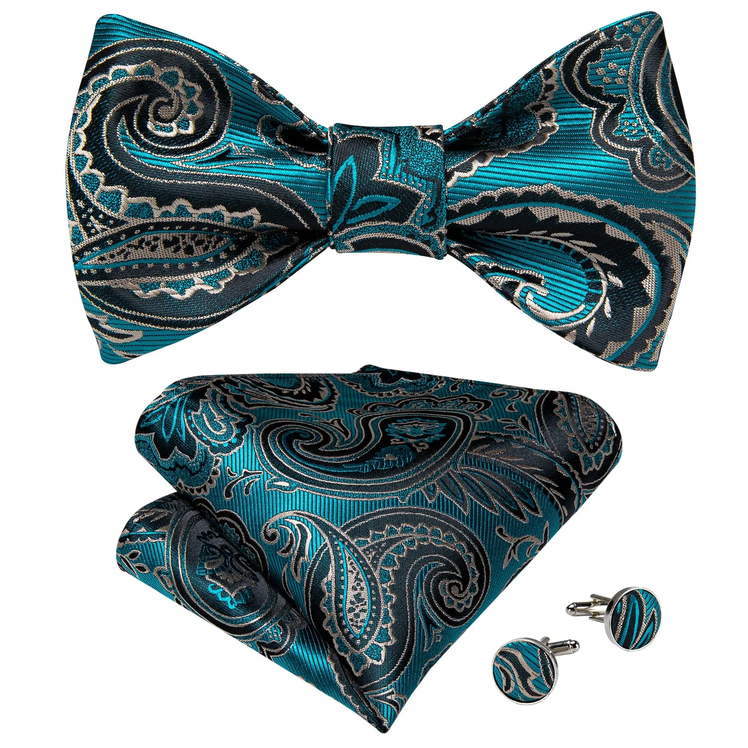 Teal Blue Paisley Silk Self-Bowtie Pocket Sqaure Cufflinks Set