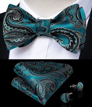 Teal Blue Paisley Silk Self-Bowtie Pocket Sqaure Cufflinks Set