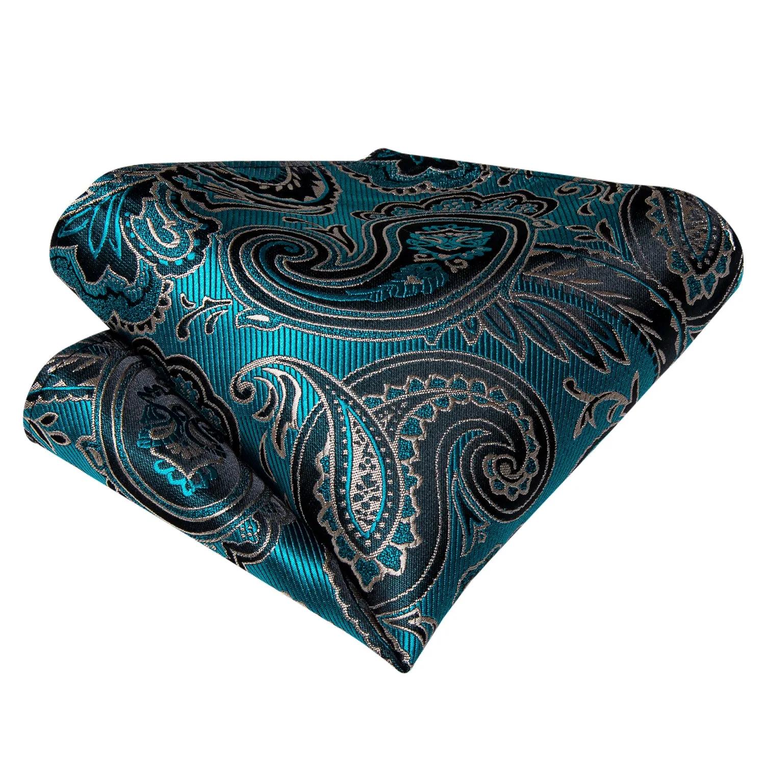 Teal Blue Paisley Silk Self-Bowtie Pocket Sqaure Cufflinks Set