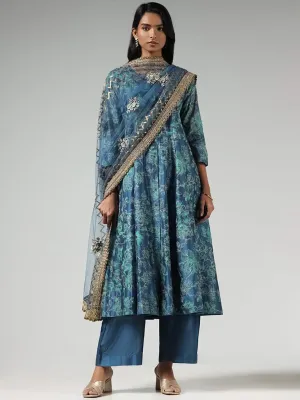 Vark Blue Floral Printed Button-down Cotton Kurta, Palazzos, Inner and Dupatta Set