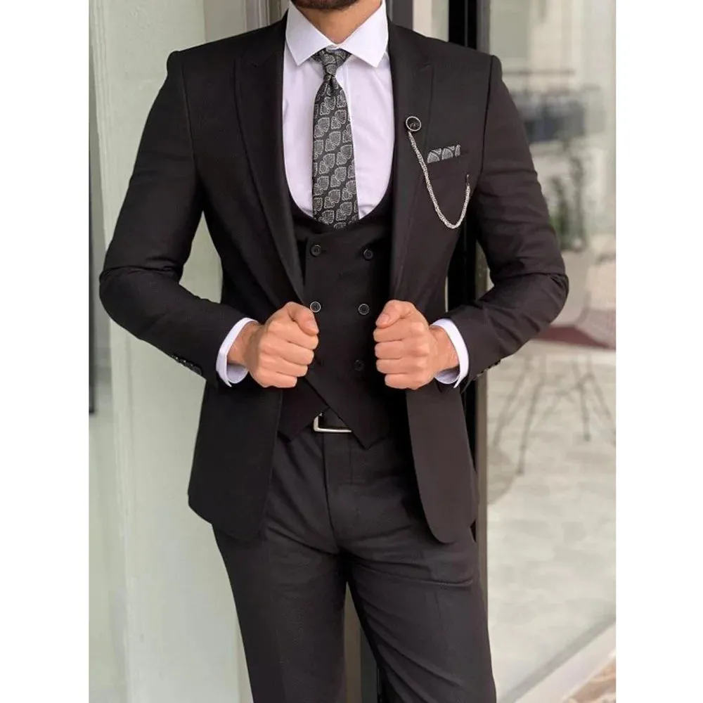 Wiaofellas  -  Fashion Black Solid Suits for Men Elegant Peak Lapel One Button 3 Piece Chic Business Casual Wedding Tuxedo (Jacket Vest Pants)