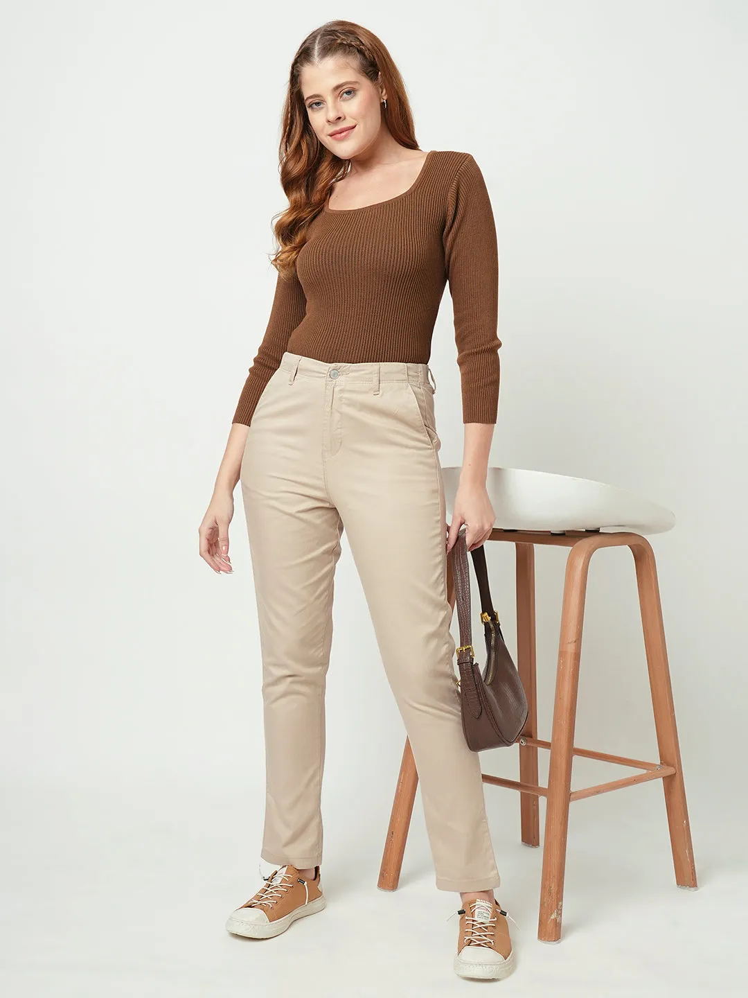 Women Oatmilk Mid-Rise Slim Fit Trouser