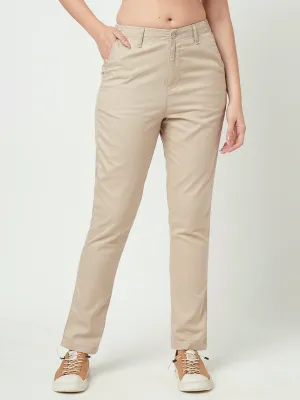 Women Oatmilk Mid-Rise Slim Fit Trouser