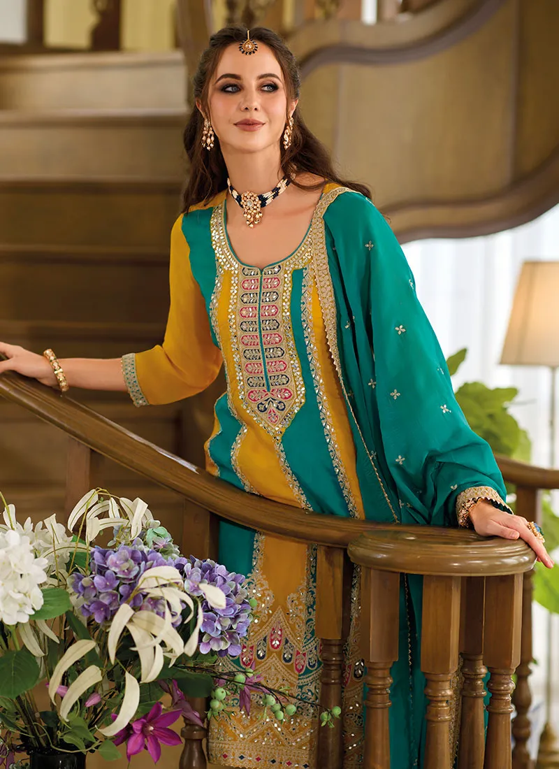 Yellow And Turquoise Thread Embroidery Pant Style Suit