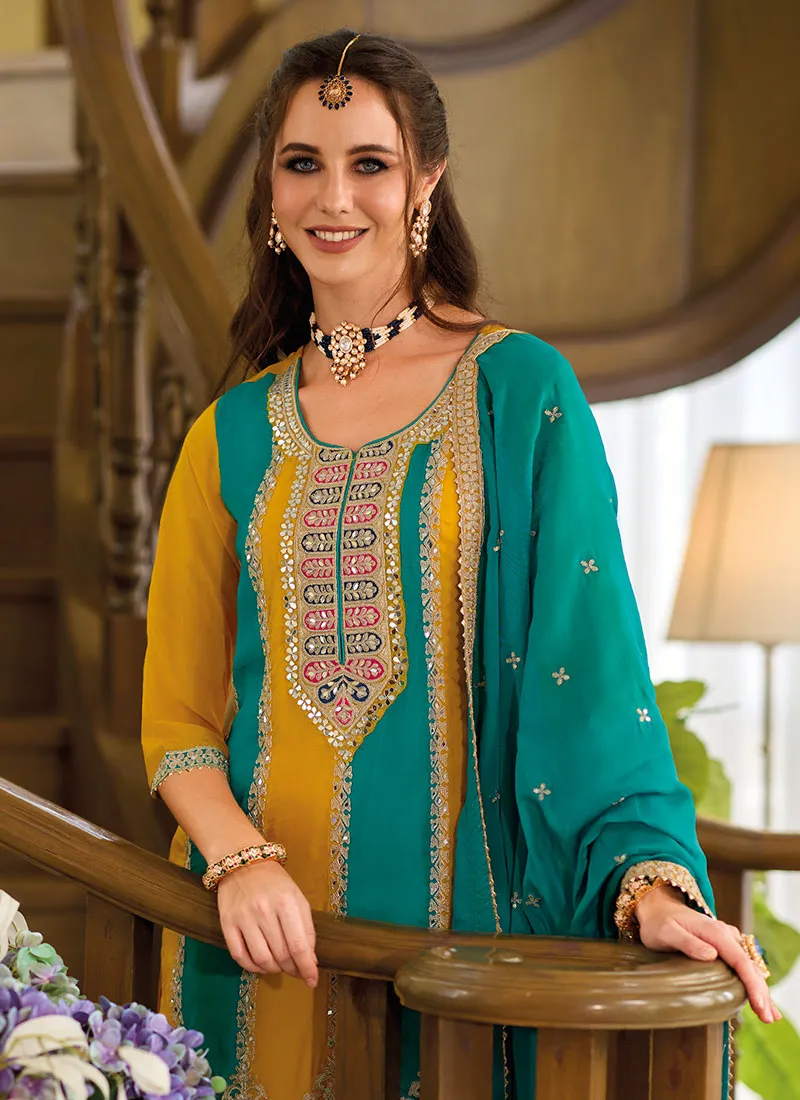 Yellow And Turquoise Thread Embroidery Pant Style Suit